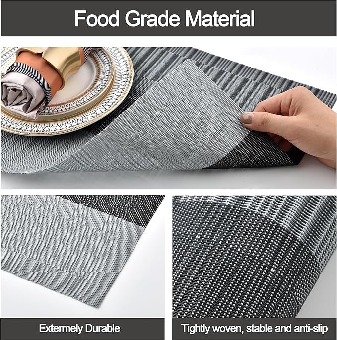 SLKQG Placemats Set of 4 - Washable Easy Clean Vinyl Placemats - Heat Resistant PVC Place Mats for Dining Table - (Black and Gray, 4)