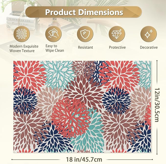 Pink Blue Dahlia Flower Place Mats Set of 6, Table Mats Heat Insulation Non Slip Washable Dining Placemats for Wedding Holiday Party Kitchen Decor 12X18 in