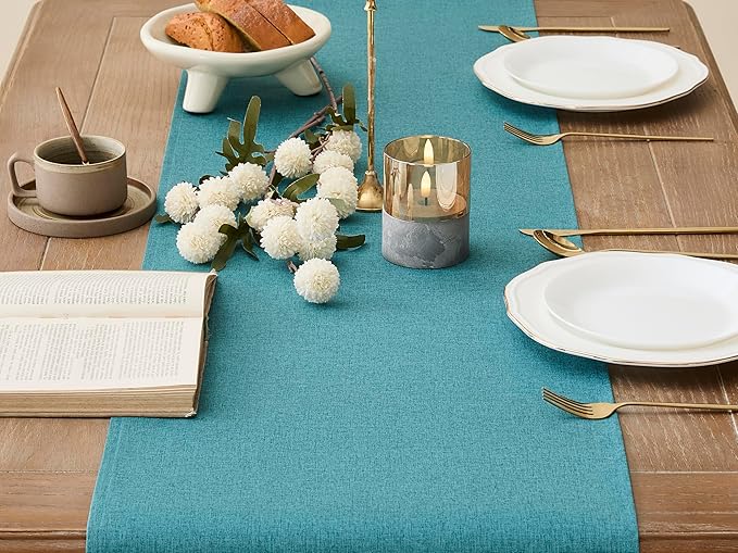 YATOJUZI Teal Table Runner Seasonal Summer Kitchen Dining Coffee Table Decoration 55 Inches Long Waterproof Turquoise Farmhouse Rustic Table Runner Home Wedding Party Decor 16x55Inch