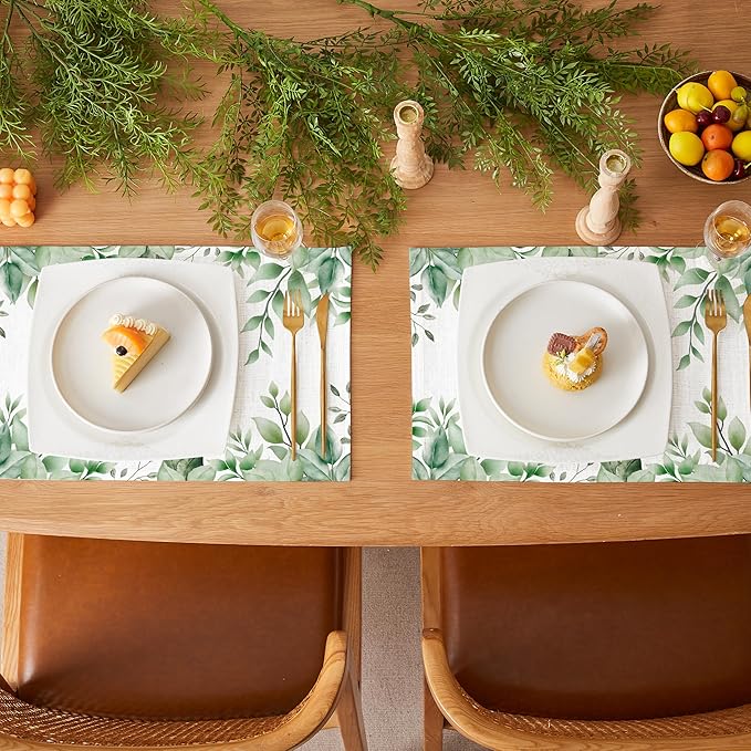 QIYI Boho Placemats Set of 6, 12x18 Inch Linen Fabric Place Mats for Kitchen Dinning, Farmhouse Rustic Cloth Table Mats, Washable Placemat Watercolor Foliage Party Table Décor, Green Leaves Border