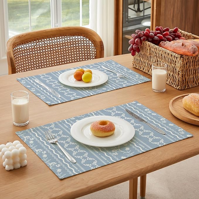 LilyCat Linen Fabric Blue Floral Placemats, Stripes Durable Boho Dining Table Mats for Kitchen, Rustic Vintage Washable Place Mats Set of 6, 18’’× 12’’