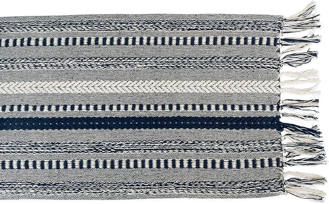 DII Farmhouse Braided Stripe Table Runner Collection, 15x72 (15x77, Fringe Included), Navy Blue