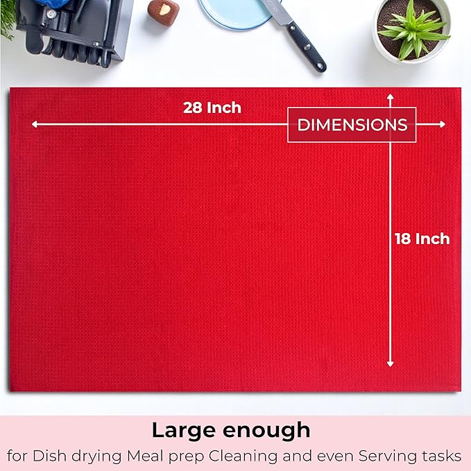 Highly Absorbent Cotton Dish Towels for Drying - Set of 6 Red Kitchen Towels - 18"X28" Lint Free Waffle Weave Cloth Linen Hand Bathroom Bulk Dishtowels
