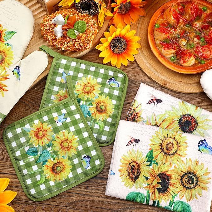 Leinuosen 6 Novelty Sunflower Kitchen Towels Kitchen Decor and Accessories Set Floral Plant Oven Mitts and Pot Holders Sets Farmhouse Absorbent Dish Towels for Cooking Baking Grilling