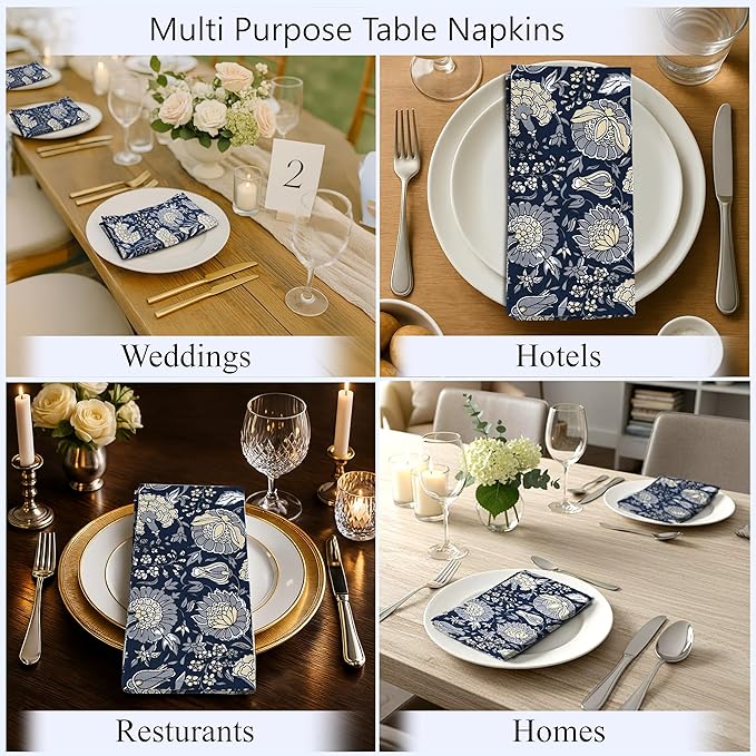 Ridhi Midnight Marigold Garden Hand Block Print 100% Cotton Napkins 18" x 18" (Set of 4) Reuseable Kitchen Napkins Cloth Decor Dinner Party Cocktail Gift for Spring, Easter, Valentine