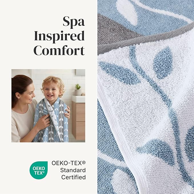 Modern Threads Natural Vine 6-Piece 100% Cotton Towel Set – Yarn Dyed Jacquard – Includes 2 Bath Towels, 2 Hand Towels, 2 Washcloths – Absorbent, Quick Dry, Soft & Durable – Blue