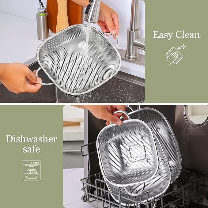 E-far 6QT Stainless Steel Colander with Handle - Square Metal Kitchen Strainer for Pasta & Vegetable Draining, Micro-Perforated & Elevated Feet, Dishwasher Safe
