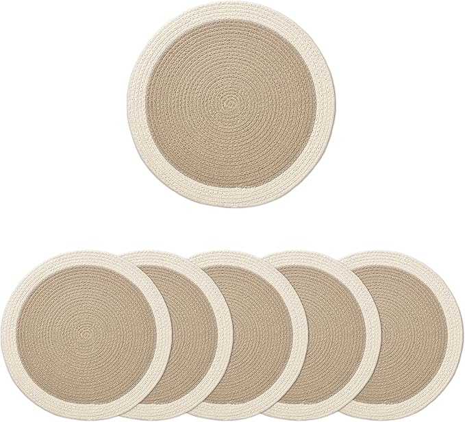 Encasa XO Dining Placemats Set of 6 | Cotton Round Table Mat - 13 in Diameter | Beige & Off White | Handmade Rib Style Chargers for Dinner Plates
