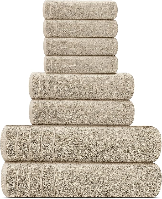 Tens Towels Pack of 8 Towels Set, 2 Extra Large Bath, 2 Hand, 4 Washcloths, 100% Cotton, Lighter Weight, Quicker to Dry, Super Absorbent, Perfect for Bathroom, Beige