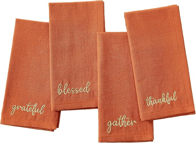 Elrene Home Fashions Harvest Fall Sentiment Embroidered Napkins, Set of 4, 17"x17", Rust
