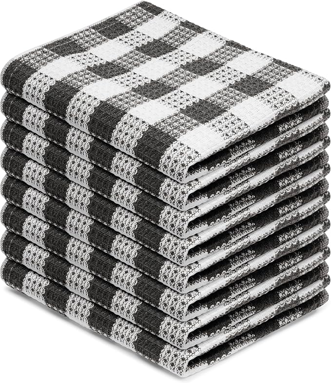 Blue Needles Set of 8 Waffle Weave Check Plaid Dish Cloths, 12x12 Inches 100% Cotton Dish Towels for Kitchen, Ultra Soft & Absorbent Kitchen Towels for Quick Drying Spring Summer - Black & White