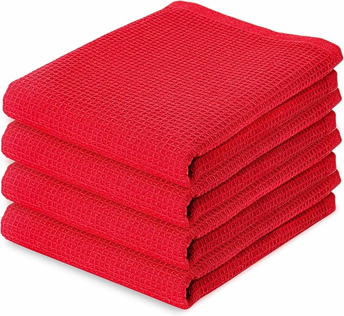 PurpleEssences Waffle Weave Kitchen Towel, 100% Cotton - 15x25 Inches with Hanging Loop, Ultra Soft Absorbent Quick Drying Dish Cloth, Tea and Hand Towels, 4 Pack - Spring Easter Summer - Red
