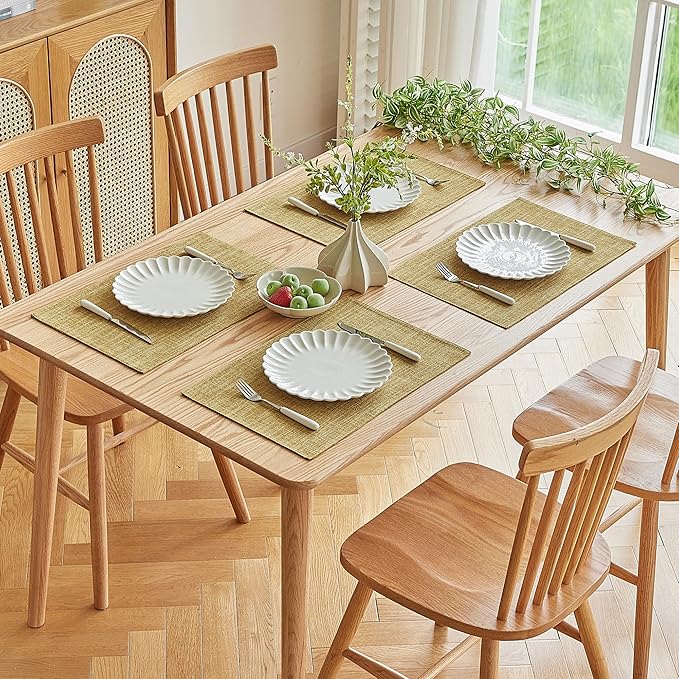 Softalker Faux Linen Placemats Set of 8-12 x 18 Inch, Heat Resistant Double Layered Durable Burlap Farmhouse Place Mats, Non-Slip Washable Rustic Table Mats for Dining, Kitchen, Party（Khaki