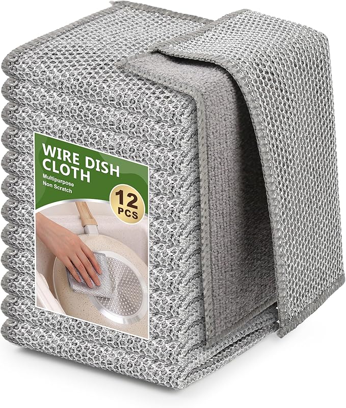 12Pack Upgrade Multipurpose Wire Dishwashing Rags, Double-Side Non Scratch Wire Dishcloth, for Wet and Dry Use, Reusable Metal Scrubbing Microfiber Clean Cloths for Home/Kitchen/Stove（Grey）