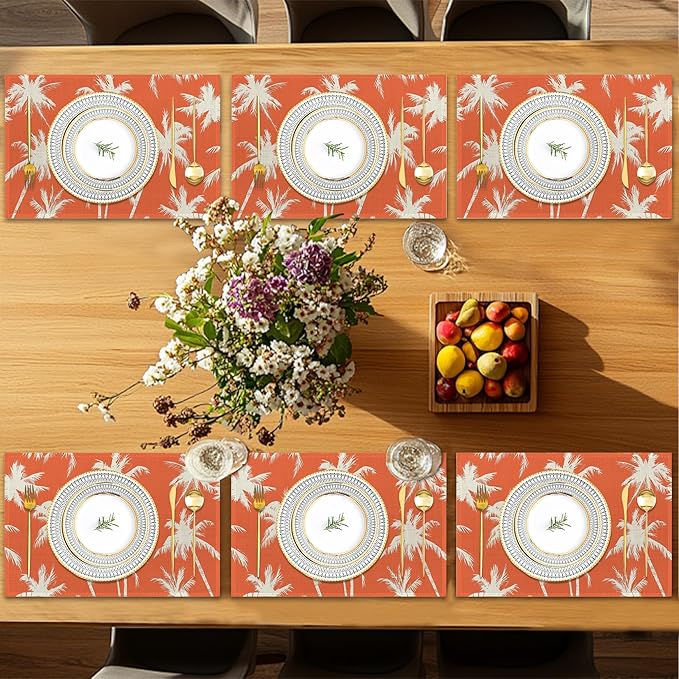 Placemats12x18 Inch,Tropical Tree Placemats,Palm Trees Kitchen Dining Coffee Table Mats Set of 6 for Home Indoor Outdoor Party