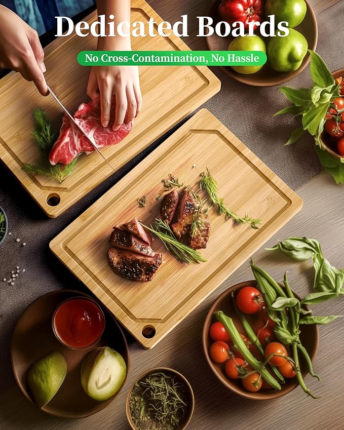Kitsure Bamboo Cutting Board Set - Multi-Sizes Wooden Cutting Boards for Kitchen, Convenient Kitchen Essentials with Deep Juice Grooves, Cutting Board for Chopping & Serving, 2 Pack, Natural