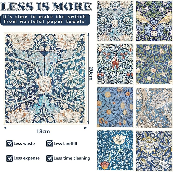 8Pcs Blue Floral Swedish Dishcloths Cotton Kitchen Towel Vintage Flower Absorbent Dish Towel for Home Kitchen Housewarming Cleaning, 7 x 8 Inch