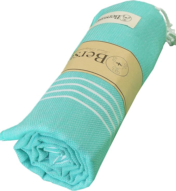 Bersuse Towels Anatolia XL Beach Blanket Throw Blanket Turkish Towel 100% Cotton Extra-Large Quick-Dry Lightweight Premium Peshtemal Towel - 61x82 Inches, Mint Green (Set of 3)