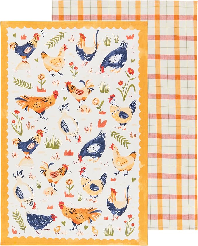 Now Designs Free Range Kitchen Towels Set/2 Assorted W18xL28inches - Premium Cotton Dishtowels