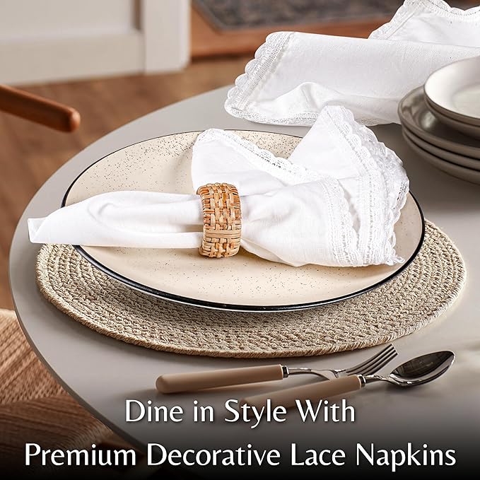 Ramanta Home White Coth Dinner Napkin Set of 12 Premium Easter Cotton 20X20 Inch Oversized Linen Flax Lace Soft & Durable Washable Ideal for Spring Basket Decor, Wedding Parties, Birthday