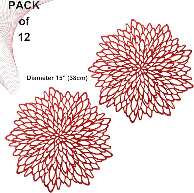 Snowkingdom 12 Pack Red Placemats Metallic Shiny Pressed Vinyl Dining Mats Round Leaf Floral Table Decoration for Halloween Mother's Day Christmas Valentine's Day Weddings Holiday Celebrations