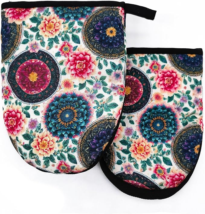 Boho Floral Oven Mitts, High Heat Resistant Kitchen Oven Gloves, Mini Silicone Oven Mitts, Non-Slip Grip Surfaces and Hanging Loop for Grilling, Baking, Cooking and Microwave, Gift