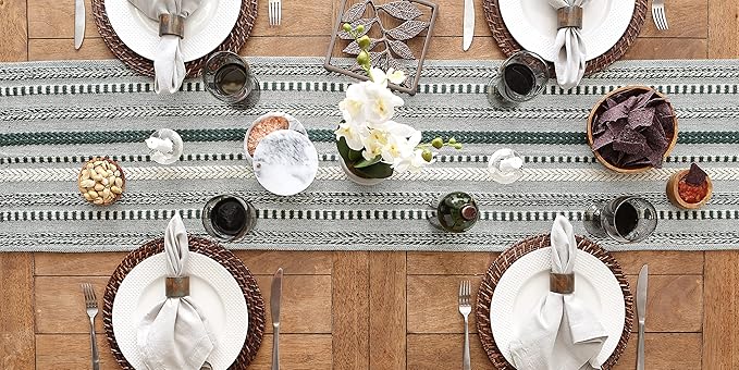 DII Farmhouse Braided Stripe Table Runner Collection, 15x72 (15x77, Fringe Included), Dark Green