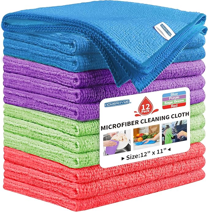 Microfiber Cleaning Cloth, 12 Pack Cleaning Rags,12" X 11" Lint Free Dish Towels Wash Cloths, Reusable Microfiber Towels for Home and Kitchen Bathroom Apartment Cleaning Supplies, Assorted
