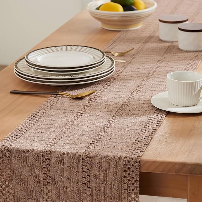 ZeeMart Macrame Style Boho Table Runner, Taupe Table Runners 48 Inches Long, Farmhouse Woven Home Decor, 12x48 Inch, Taupe