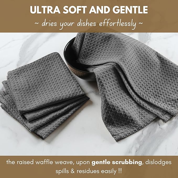 Native Fab Cotton Kitchen Towel with Hanging Loop 16x26 inches, 12-Pack, Waffle Weave Kitchen Towels for Cleaning Drying, Washcloths Soft & Absorbent Cloth Rags, Bar Towel, Dish Cloth, Grey