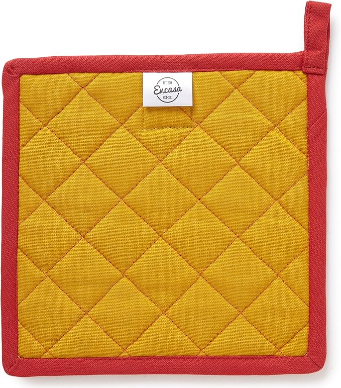 Encasa XO Heat Resistant Cotton Pot Holders with Hanging Loop - Set of 2 - Mango - Multipurpose Quilted Everyday Hot Pad for Kitchen, Camping, BBQ & Microwave - 8x8 in