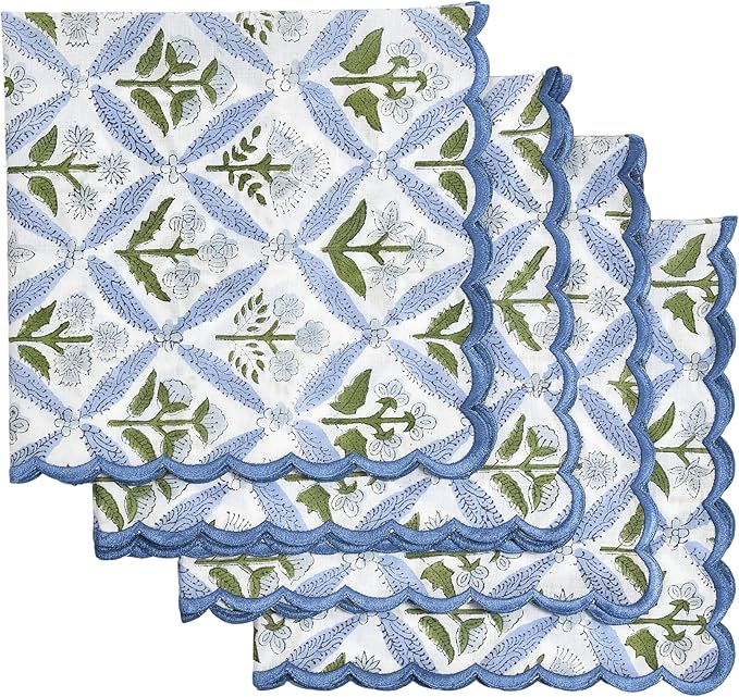 Ridhi Hand Block Print Light Steel Blue 18" x 18" (Set of 4) Embroidery Table Napkins Reusable Cotton Dinner Napkins for Weddings, Parties, Everyday Dining Gift for Spring, Easter, Valentine