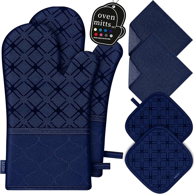 Oven Mitts and Pot Holders Set with Dishcloths, 500 Degree Heat Resistant Oven Gloves and Hot Pads, Premium Soft Cotton Kitchen Mittens and Dish Cloth Sets-Marine Blue