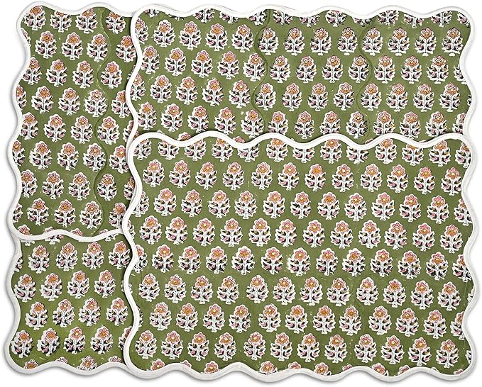CPC Cotton Placemats Jade Green Set of 4-Hand Block Printed Reversible Placemats, Machine Washable, Flower Scalloped & Embroidered Cloth Table Mats - 14 x 20 inch