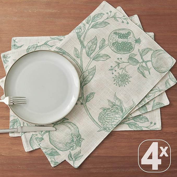 JINCHAN Linen Floral Placemats Set of Cloth Table Mats Rustic Cottagecore Botanical Outdoor Seasonal for Kitchen Dining Decor Heat Resistant Non-Slip Washable Tablemats 13x19 Inch Sage Green
