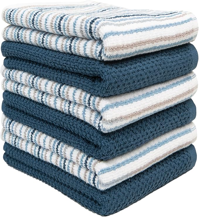 Kitchen Towels 16”x 26” - 6 Pack | Large Cotton Kitchen Hand Towels | Dish Towels | Popcorn Stripe Design | 430 GSM Highly Absorbent Tea Towels Set with Hanging Loop | Dish Towels for Kitchen | Blue
