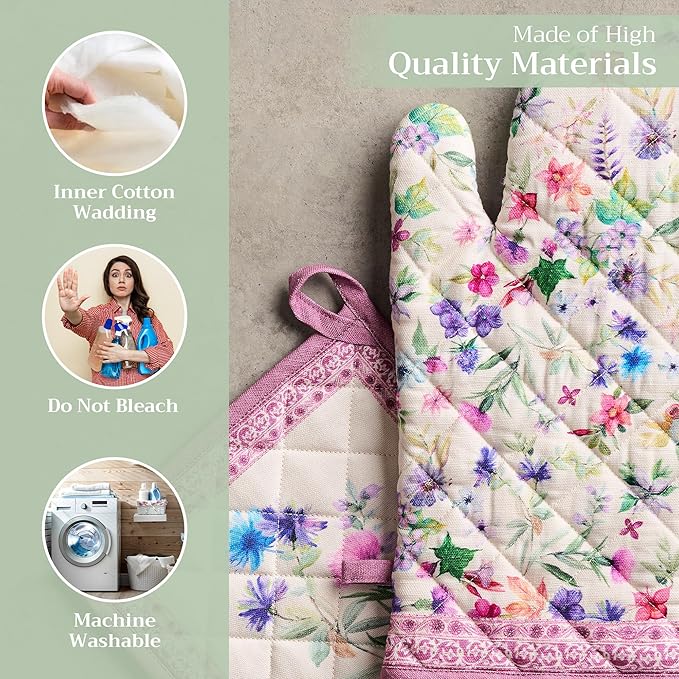 Maison d' Hermine 100% Cotton Oven Mitt & Pot Holder Set (7.5"x13" & 8"x8") Heat Resistant BBQ Cooking Gloves with Loop Baking Grilling Kitchen Gifts for Mothers Day Spring/Summer (Chardon)