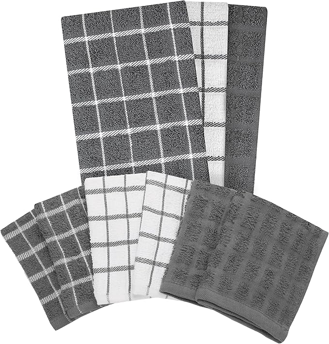 Ritz Premium 3-Pack Kitchen Towel & 6-Pack Dish Cloth Set - Highly Absorbent, Super Soft, Long-Lasting, 100% Cotton Terry Drying Cleaning Cloths, Gray