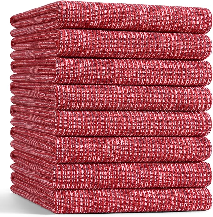 Mordimy Premium Kitchen Towels 8 Pack (18 x 28 Inches, Red), Large Cotton Kitchen Hand Towel, Flat & Terry Dish Towels for Drying Dishes, Super Absorbent Tea Dishtowels Set with Hanging Loop