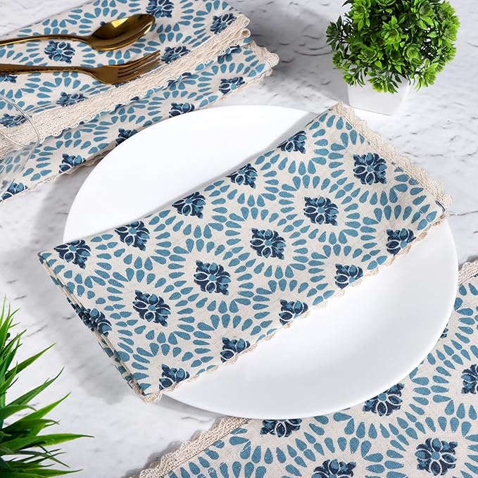 FINGERCRAFT Dinner Cloth Napkin Cotton Linen Blend 4 Pack Mitered Corners with Elegant Lace for Everyday Use Napkins are Pre Shrunk and Good Absorbency (Moroccan, 20in x 20in)