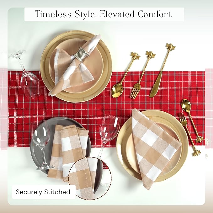 Buffalo Plaid Cloth Napkins, Set of 4, Soft, Durable, Wrinkle Free Fabric Napkins, Checked Napkins for Dinner, Wedding, Restaurant, Buffet, Party, Christmas - Beige, White (16"x16")