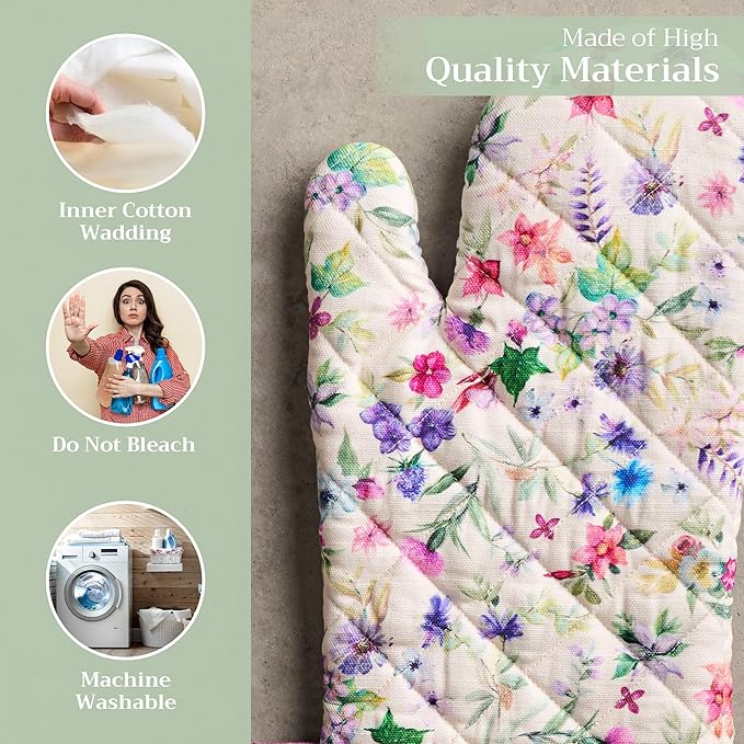 Maison d'Hermine Oven Gloves 100% Cotton Oven Mitt 7" x 13" with Loop Heat Resistant BBQ Cooking Gloves Baking Grilling Gifts for Mothers Day Spring/Summer (Pack of 1, Chardon)