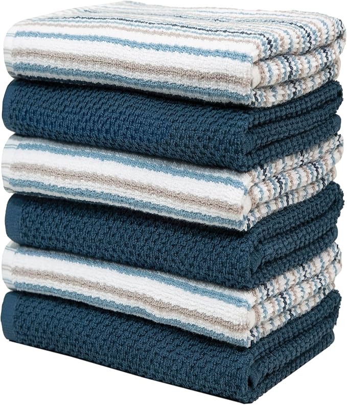 Kitchen Towels 16”x 26” - 6 Pack | Large Cotton Kitchen Hand Towels | Dish Towels | Popcorn Stripe Design | 430 GSM Highly Absorbent Tea Towels Set with Hanging Loop | Dish Towels for Kitchen | Blue
