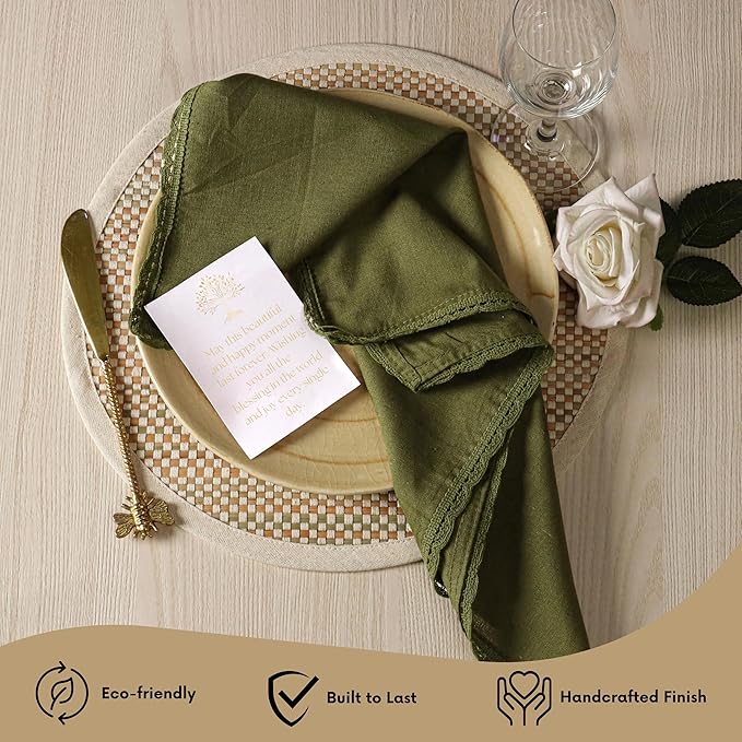 Ramanta Home Linen Flax Cloth Napkins Set of 4 Olive Green, 18x18 Inch | Easter Premium Cotton Linen Flax Lace Soft & Durable | Washable Ideal for Spring Basket Décor, Wedding, Kitchen, Everyday Use