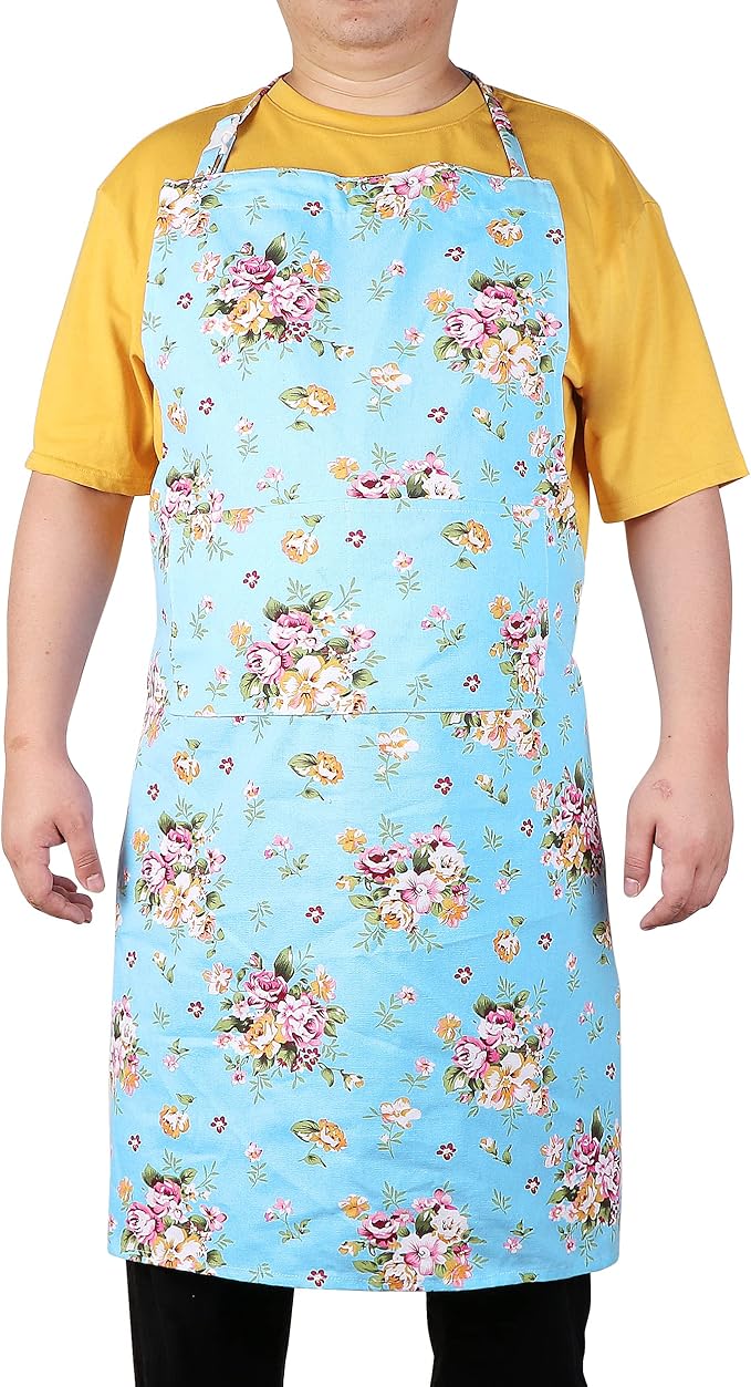 Sanlykate Extra Large Canvas Cotton Apron for Men & Women, Plus Size Durable Aprons with 2 Pockets, Adjustable Bib Machine Washable Oversized Aprons for Baking, Cooking, Painting - Blueness