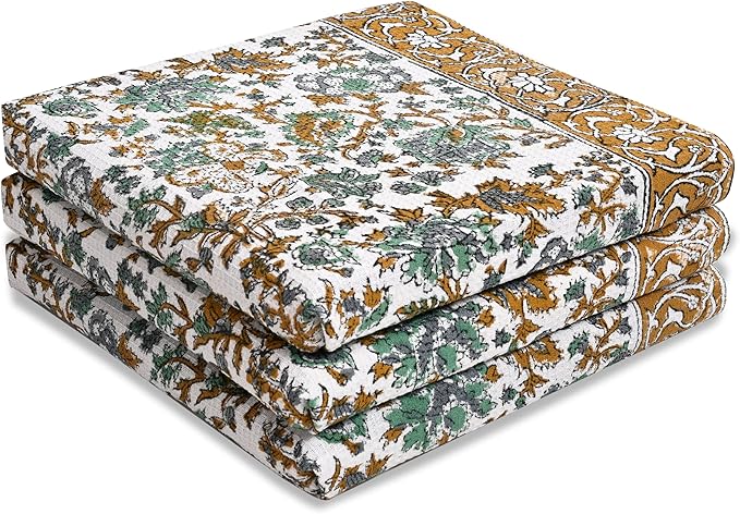 CPC Harvest Bloom Hand Block Print Waffle Kitchen Towel Set of 3-16 x 28 Inch Ultra Absorbent Quick Dry Cotton Dish Towels Lightweight Reusable Sustainable Tea Towels for Cleaning and Drying