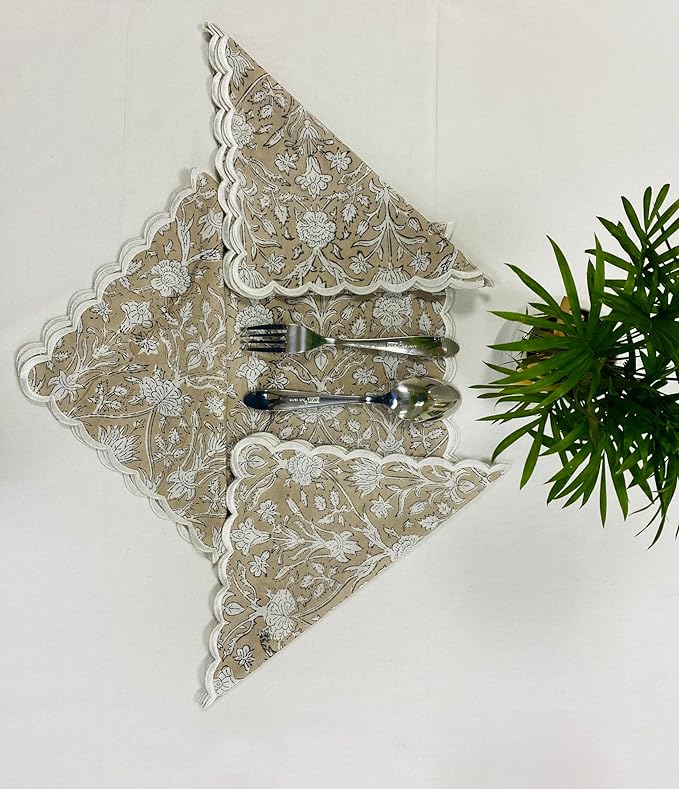 Ridhi Hand Block Print Taupe 18" x 18" (Set of 4) Embroidery Table Napkins Reusable Cotton Dinner Napkins for Weddings, Parties, Everyday Dining Gift for Spring, Easter, Valentine