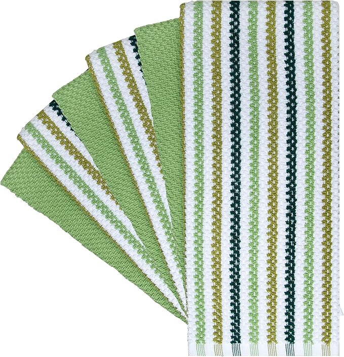 Premium Kitchen Towels (16”x 26”, 6 Pack) | Large Cotton Kitchen Hand Towels | Popcorn Striped Design | Dish Towels | 430 GSM Highly Absorbent Tea Towels Set with Hanging Loop | Sage