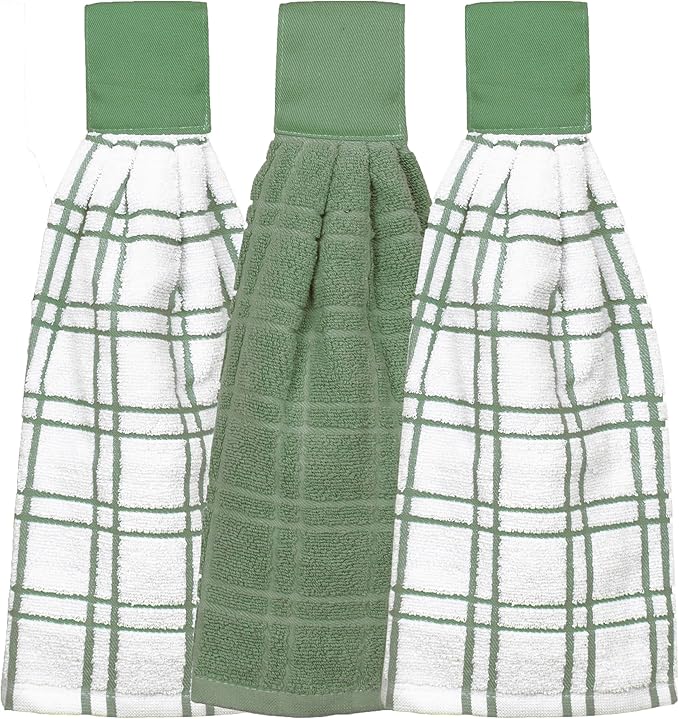 Ritz Premium 100% Cotton Solid and Multi Check Kitchen Tie Towel Absorbent, Super Soft, and Fast Drying Hang Towel, Set of Three, Juniper