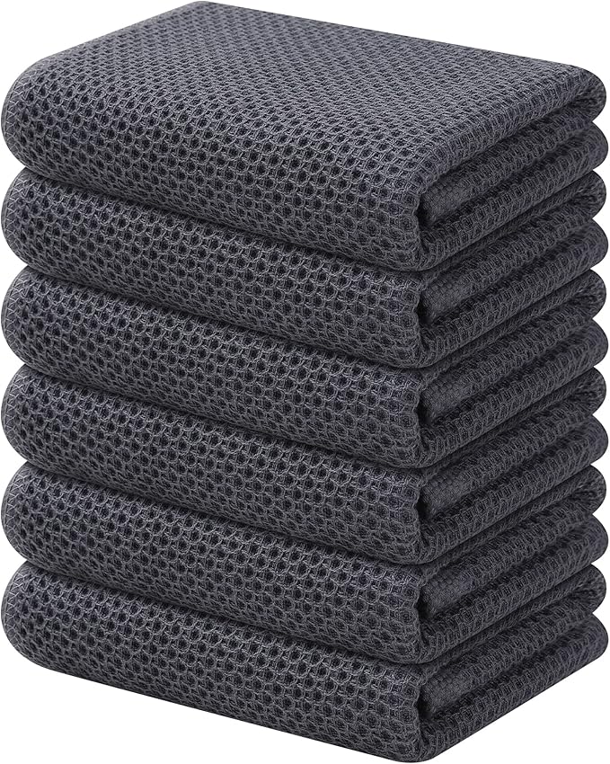 Kitinjoy 100% Cotton Waffle Weave Kitchen Hand Towels (13 X 28 Inches, Dark Grey), 6-Pack Super Soft and Absorbent Dish Towel for Drying Dishes